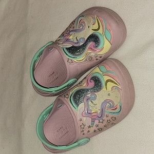 Pink unicorn crocs